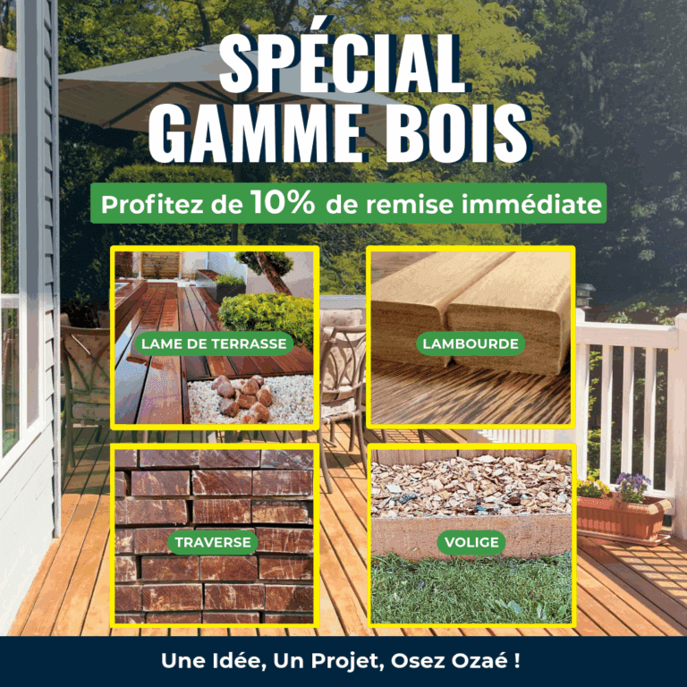 Terrasse extérieure en bois exotique avec lames Padouk et mobilier de jardin, illustrant un aménagement naturel et durable.