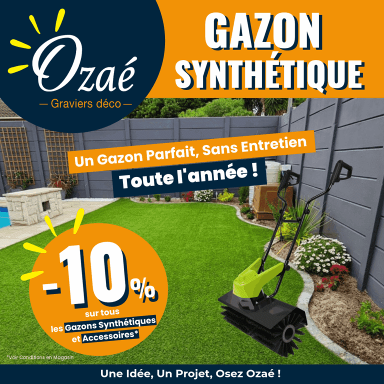 Terrasse aménagée avec du gazon synthétique vert, sans joint visible, et accessoires de pose en arrière-plan.