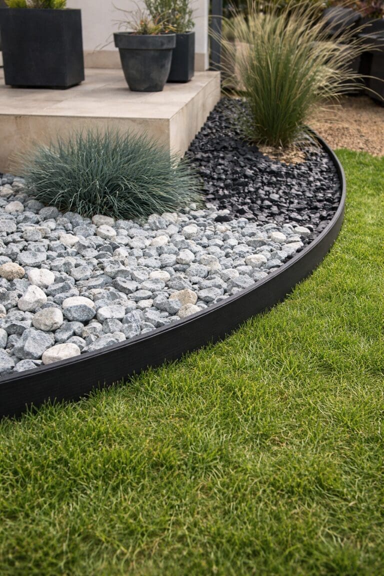 Bordure de jardin en PVC flexible pour délimiter une pelouse et un massif de galets