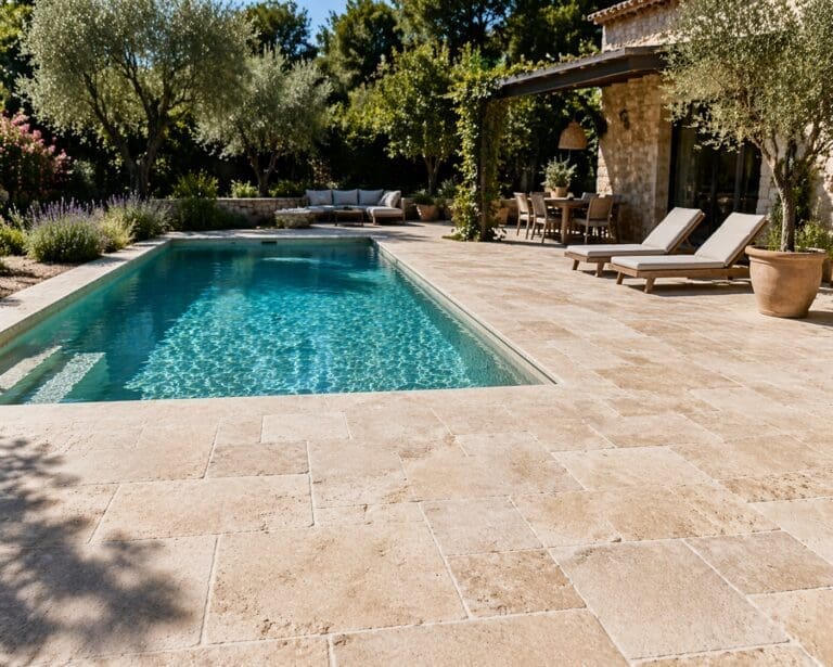 Terrasse extérieure en pierre naturelle réalisée avec un pack terrasse prêt à poser Ozaé