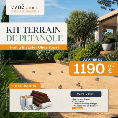 Terrain de pétanque aménagé dans un jardin avec traverses paysagères et sable stabilisé