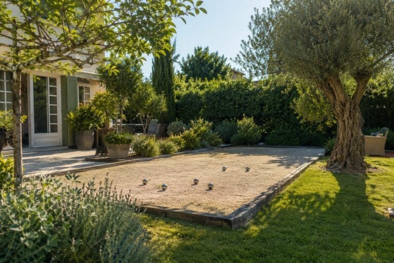 Terrain de pétanque extérieur aménagé dans un jardin paysager
